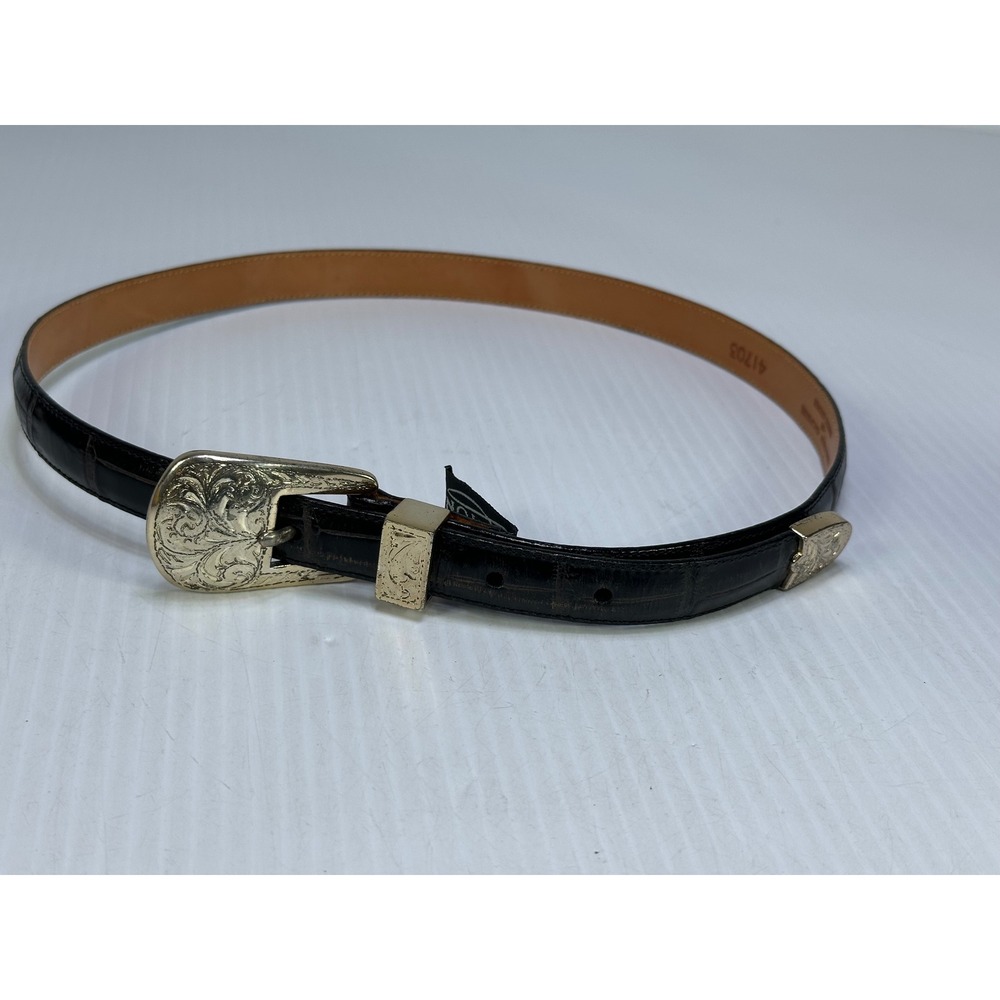 Brighton Womens Black Embossed Calfskin Leather Western Buckle Belt 41703 Size M